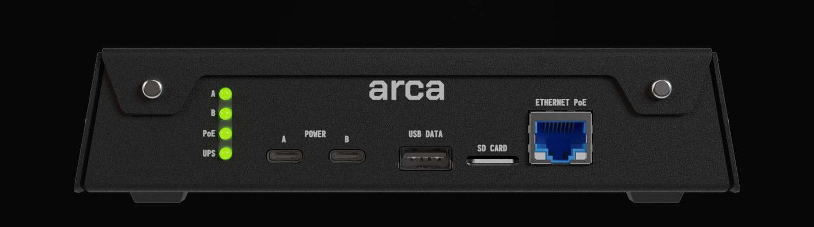 arca rear panel rendering showing status LEDs, two USB power inputs, USB data, SD card, and Power Over Ethernet
