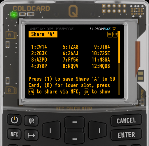 COLDCARD Q displaying CW1 share A from a 12-word wallet as 12 numbered four-character groups