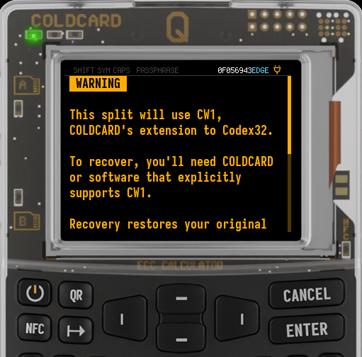 COLDCARD Q warning that the split will use CW1, a COLDCARD extension to Codex32 requiring software with explicit CW1 support